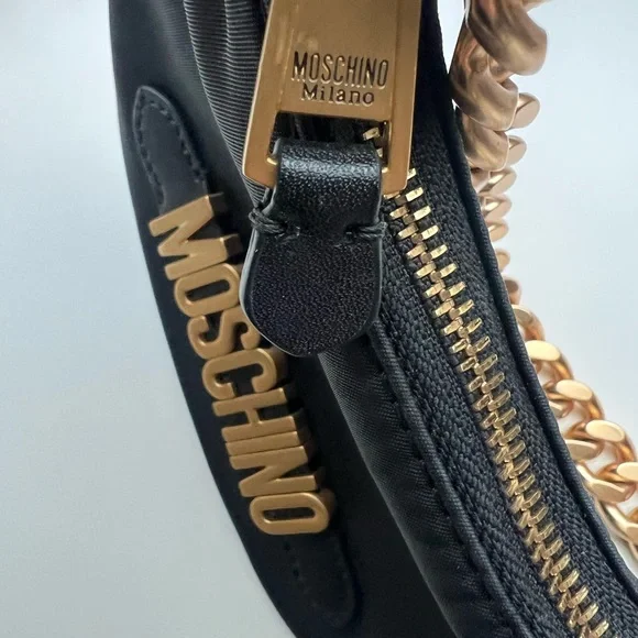 Moschino Black Logo Lettering Hobo Shoulder Bag with Gold Chain - Picture 2 of 7